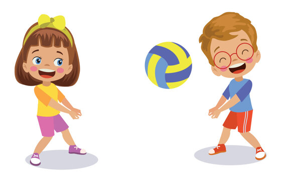cute boys and girls playing volleyball
