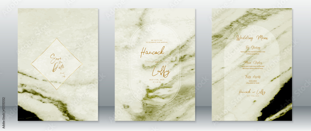 Wall mural Wedding invitation card luxury design with green marble texture background - Wall murals
