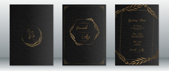 Wedding invitation card template luxury gold design with leaf wreath frame and black paper texture dark background