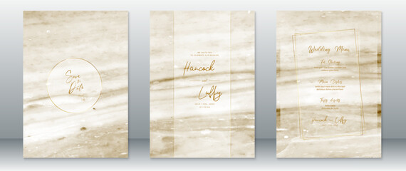Golden wedding invitation card template luxury design with gold frame and marble texture background