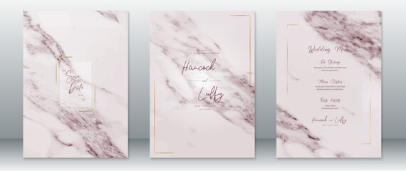 Wedding invitation card template luxury design with gold frame and marble texture background