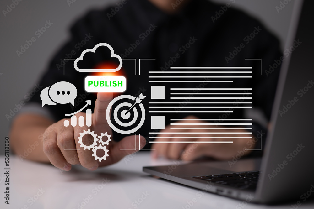 Poster digital publishing content. blog marketing involves posting articles and media to a website. website