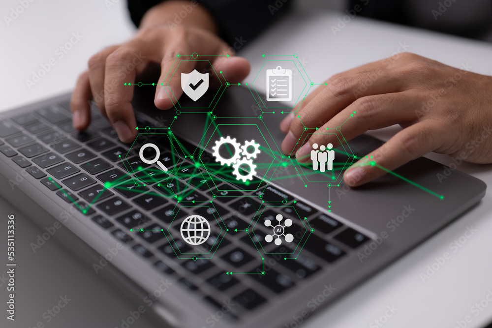 Fototapete Coding software developers use responsive cybersecurity and augmented reality dashboard computer icons.