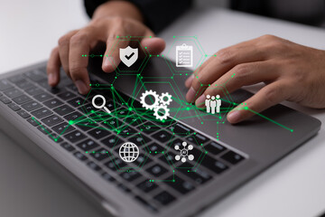 Coding software developers use responsive cybersecurity and augmented reality dashboard computer icons.