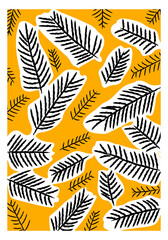 Pretty modern abstract floral hand drawing monochrome on yellow background vector illustration.