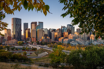 Calgary's beautiful skyline on early morning in the heart of autumn with fall colours on the trees.