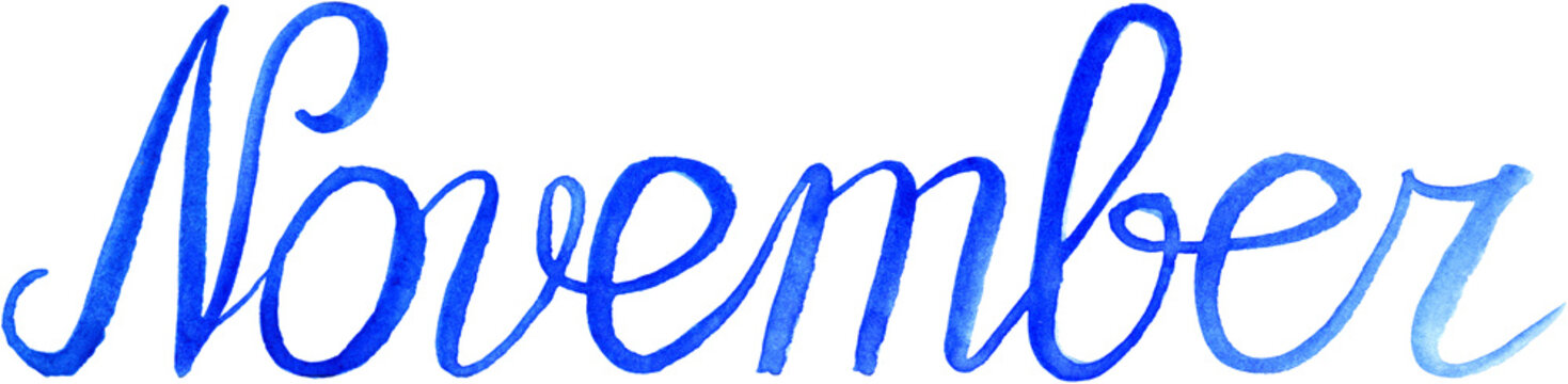 Watercolor november month navy blue lettering typographic word isolated