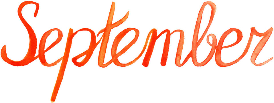 Watercolor september month orange red lettering typographic word isolated