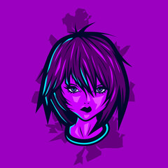 Woman cyborg head in cyberpunk style vector illustration 