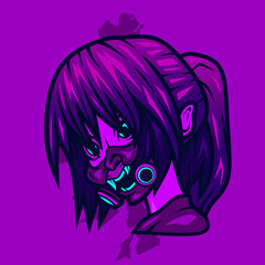 Woman cyborg head in cyberpunk style vector illustration 