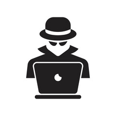 Spy agent searching online on laptop icon. Computer hacker with laptop icon, Spy agent searching sign, symbol, logo, isolated on white background
