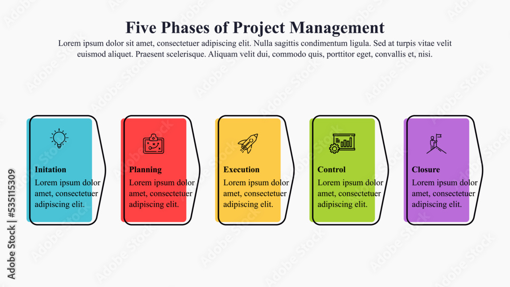 Wall mural five phases of project management infographic template with icons and text space.