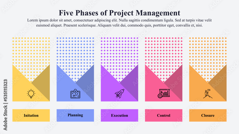 Wall mural five phases of project management infographic template with icons and text space.