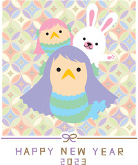 2023年賀状　うさぎとアマビエ　カラフル　和ポップ