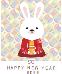 和ポップ　2023年賀状　カラフル　縦　着物の兎　新年の挨拶