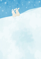 雪山と寄り添うウサギの風景イラスト
