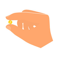 Hand icon holding medicinal pill. The doctor's finger took the yellow medicine in his hand. Great for medical care posters. Health. Medical drugs. Pharmacist. Tablet medicine. Flat vector. Isolated in