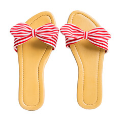 Women's stripy bow sandals on white background with copy space for text.