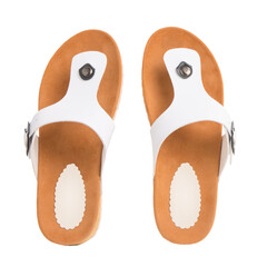 Women's sandals on white background with copy space for text.