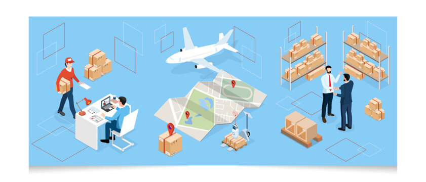 3D isometric Global logistics network concept with Transportation operation service, Export, Import, Cargo, Air, Road, Maritime delivery. Vector illustration EPS 10