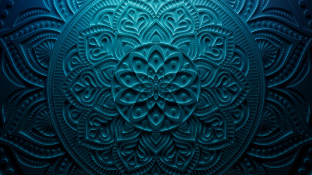 Diwali Festival Wallpaper, with Blue 3D Ornate Pattern. 3D Render.