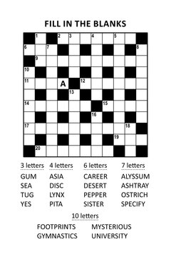 Puzzle page with criss-cross, or fill-in, crossword word game (English language). Comfortable level, large print, family friendly. Letter A as a hint.
