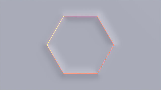 Minimalist Tech Background with Extruded Hexagon and Orange Illuminated Edge. White Surface with Embossed 3D Shape. 3D Render.