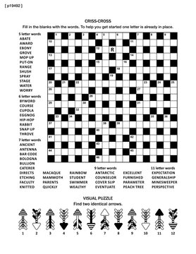 Puzzle page with two puzzles: 19x19 criss-cross crossword word game (English language) and visual puzzle with whimsical arrows
