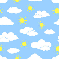 Blue sky, clouds and sun seamless pattern