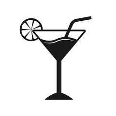 Cocktail with straw and lemon silhouette flat vector icon