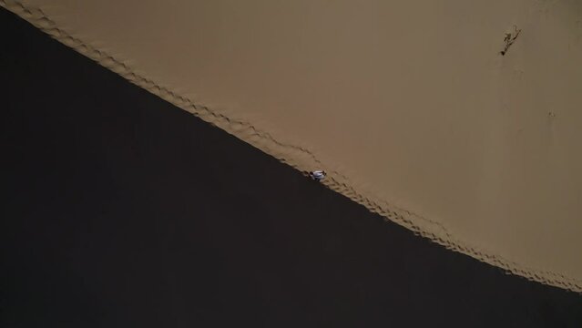 Man walks on crest of large sand dune in desert, aerial top down (diagonal) shot