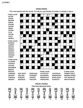 Puzzle page with two puzzles: 19x19 criss-cross word game (English language) and visual puzzle with forks
