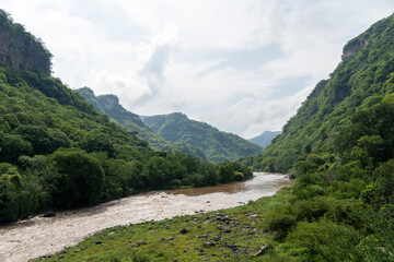 dirty river seen through the huentitan ravine in guadalajara, green vegetation, trees, plants and mountains, mexico