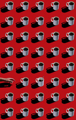 seamless pattern of white cup of coffee on red background 