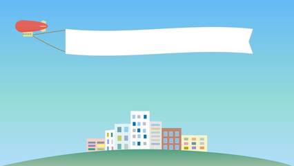 緑の丘の上のビルの街並みの上の青空を飛ぶ赤い飛行船の背景イラスト。バナー。アスペクト比16:9