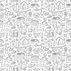 pattern of pet products elements drawn in hand-style doodle