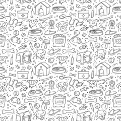 pattern of pet products elements drawn in hand-style doodle