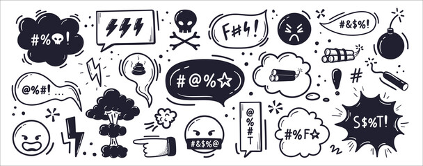 Set of speech bubbles of curses hand drawn in doodle style