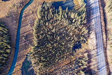 Fall aerial photo of the road from Tok Alaska.