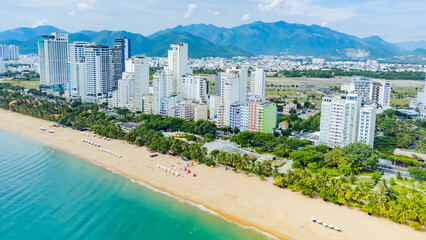 Fototapeta na wymiar Nha Trang from a drone. Photo from a drone of one of the largest resorts in Vietnam on the coast of the South China Sea.
