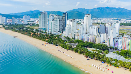 Nha Trang from a drone. Photo from a drone of one of the largest resorts in Vietnam on the coast of the South China Sea.
