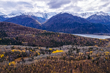 Fall aerial photo of the road from Tok Alaska.