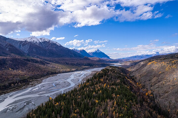Fall aerial photo of the road from Tok Alaska.