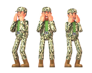 Fototapeta premium 3d render of soldier in military uniform surprised, shocked or frightened