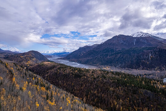 Fall aerial photo of the road from Tok Alaska.