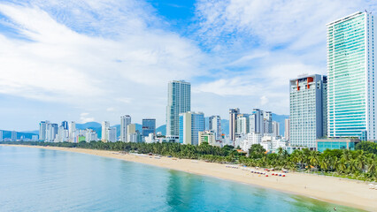Obraz premium Nha Trang from a drone. Photo from a drone of one of the largest resorts in Vietnam on the coast of the South China Sea.