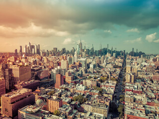 Wide angle panorama of New York City skyline towards Manhattan Midtown. Aerial view