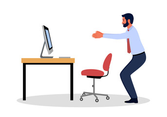 Businessman doing exercise in office concept vector illustration. Office syndrome prevention. Stretching exercise.