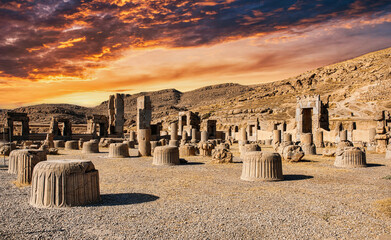 Dramatic and beautiful sunset at Ancient Persepolis in Iran