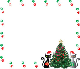 Christmas frame with cats around a Christmas tree and pawprints